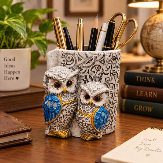 Owl Antique Blue Resin Pen Stand