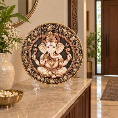 Lord Ganesha White & Bronze Relief Decorative Plate on Stand