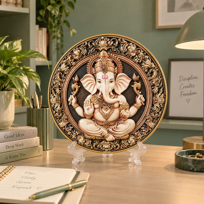 Lord Ganesha White & Bronze Relief Decorative Plate on Stand