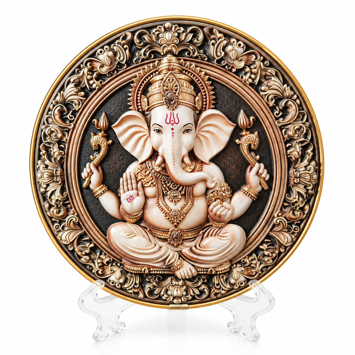 Lord Ganesha White & Bronze Relief Decorative Plate on Stand