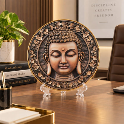 Buddha Face Relief Art Decorative Plate on Display Stand