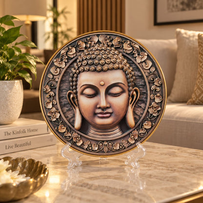 Buddha Face Relief Art Decorative Plate on Display Stand