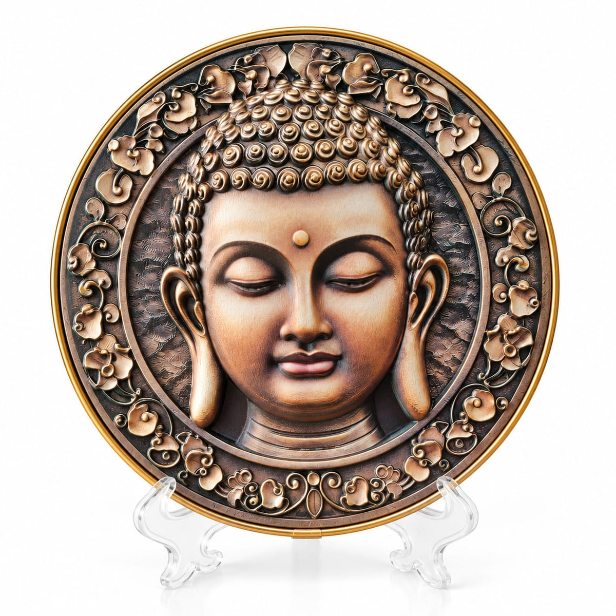 Buddha Face Relief Art Decorative Plate on Display Stand