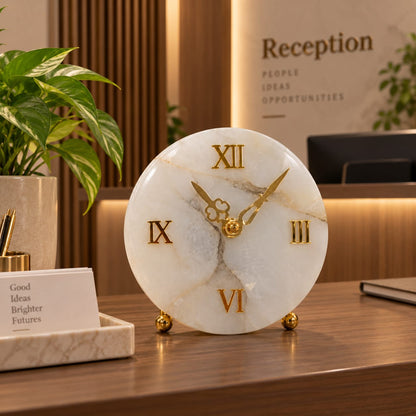 White Quartz Round Table Top Clock