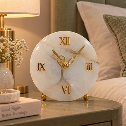 White Quartz Round Table Top Clock