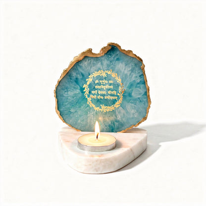 Teal Agate and Marble Gayatri Mantra Candle Holder