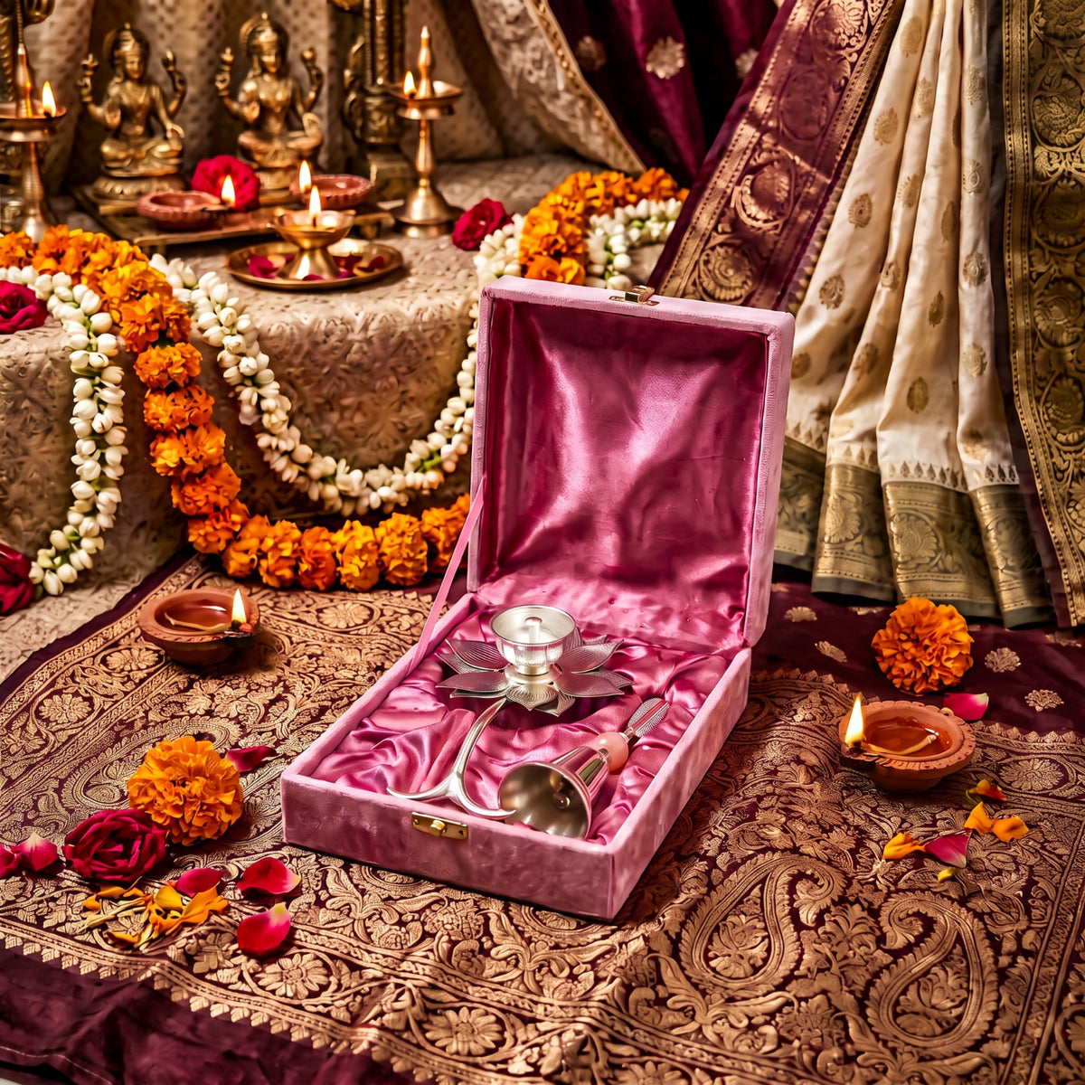 Premium Silver Floral Diya & Pooja Bell Set