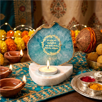 Teal Agate and Marble Gayatri Mantra Candle Holder