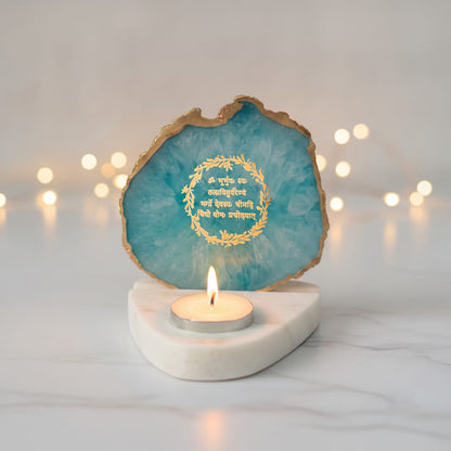 Teal Agate and Marble Gayatri Mantra Candle Holder