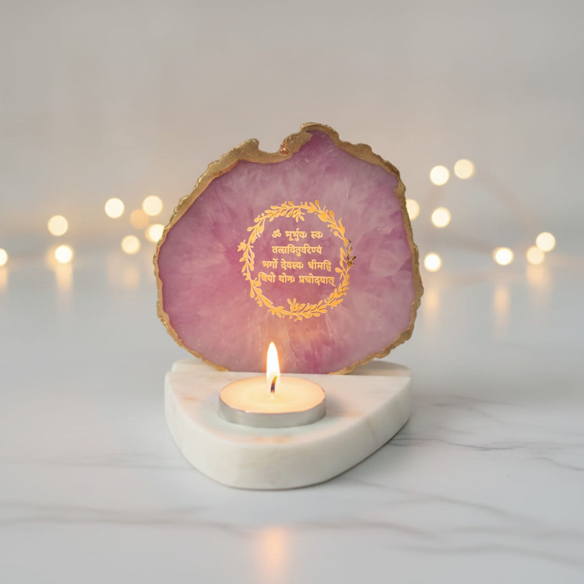 Teal Agate and Marble Gayatri Mantra Candle Holder