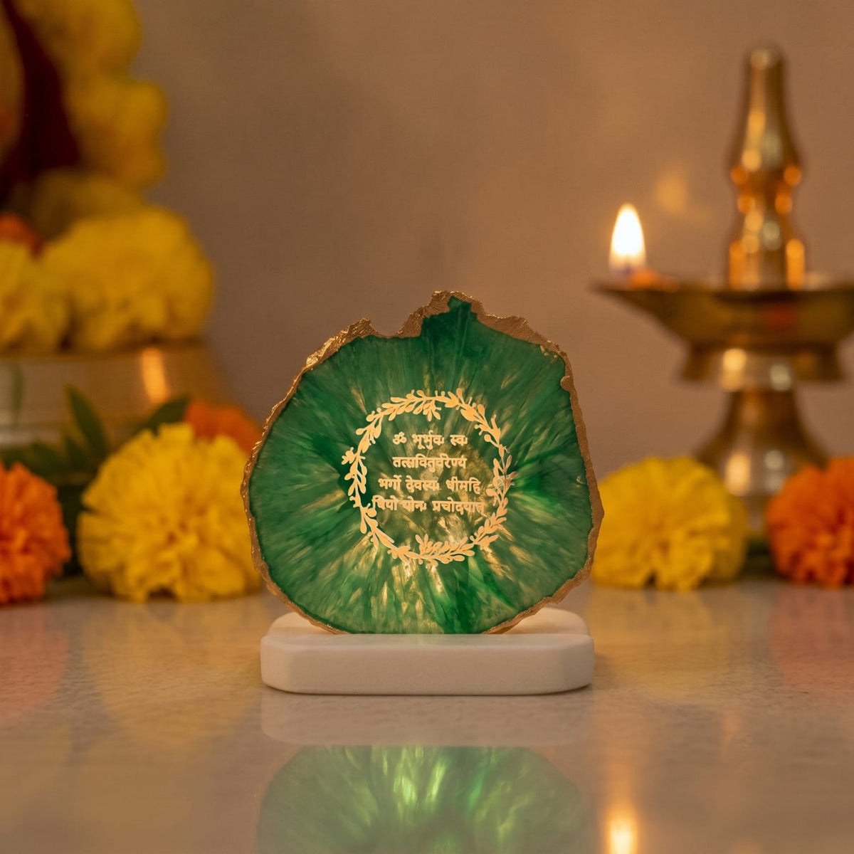 Teal Agate and Marble Gayatri Mantra Candle Holder