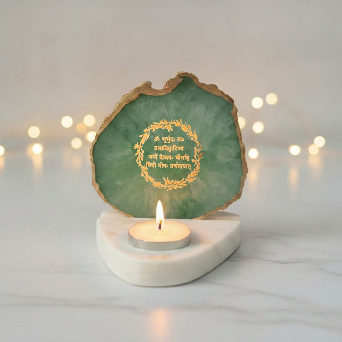 Teal Agate and Marble Gayatri Mantra Candle Holder
