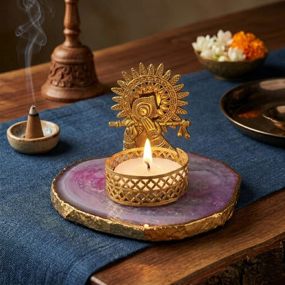 Golden Lord Krishna Flute & Peacock Feather Agate Tealight Candle Holder