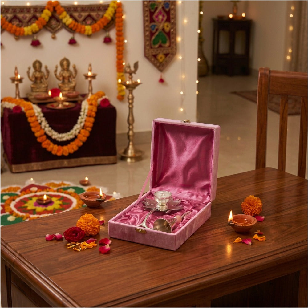 Premium Silver Floral Diya & Pooja Bell Set