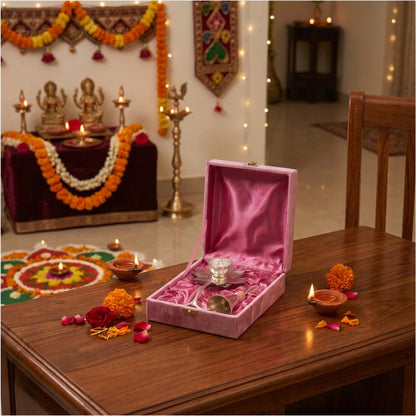 Premium Silver Floral Diya & Pooja Bell Set