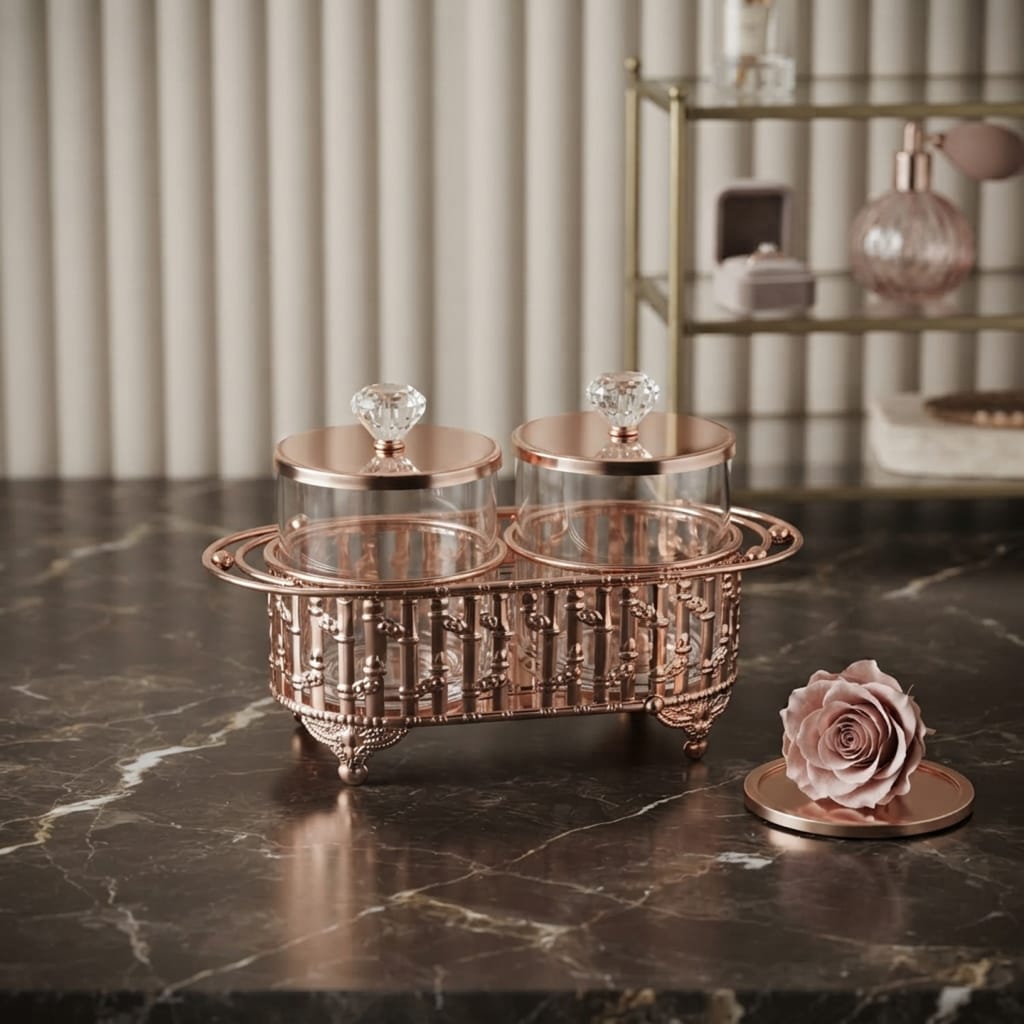 Gold Cutwork Condiment Jar Set with Stand