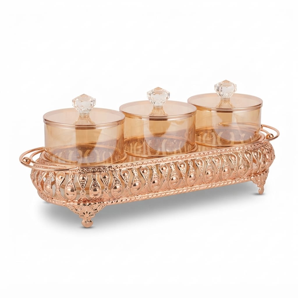 Gold Cutwork Three-Jar Condiment Set with Stand