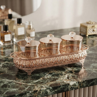 Gold Cutwork Three-Jar Condiment Set with Stand