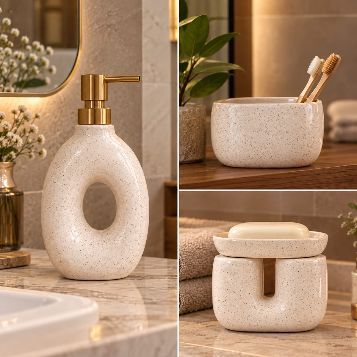 Ceramic Bathroom Accessory Set in Wooden Box