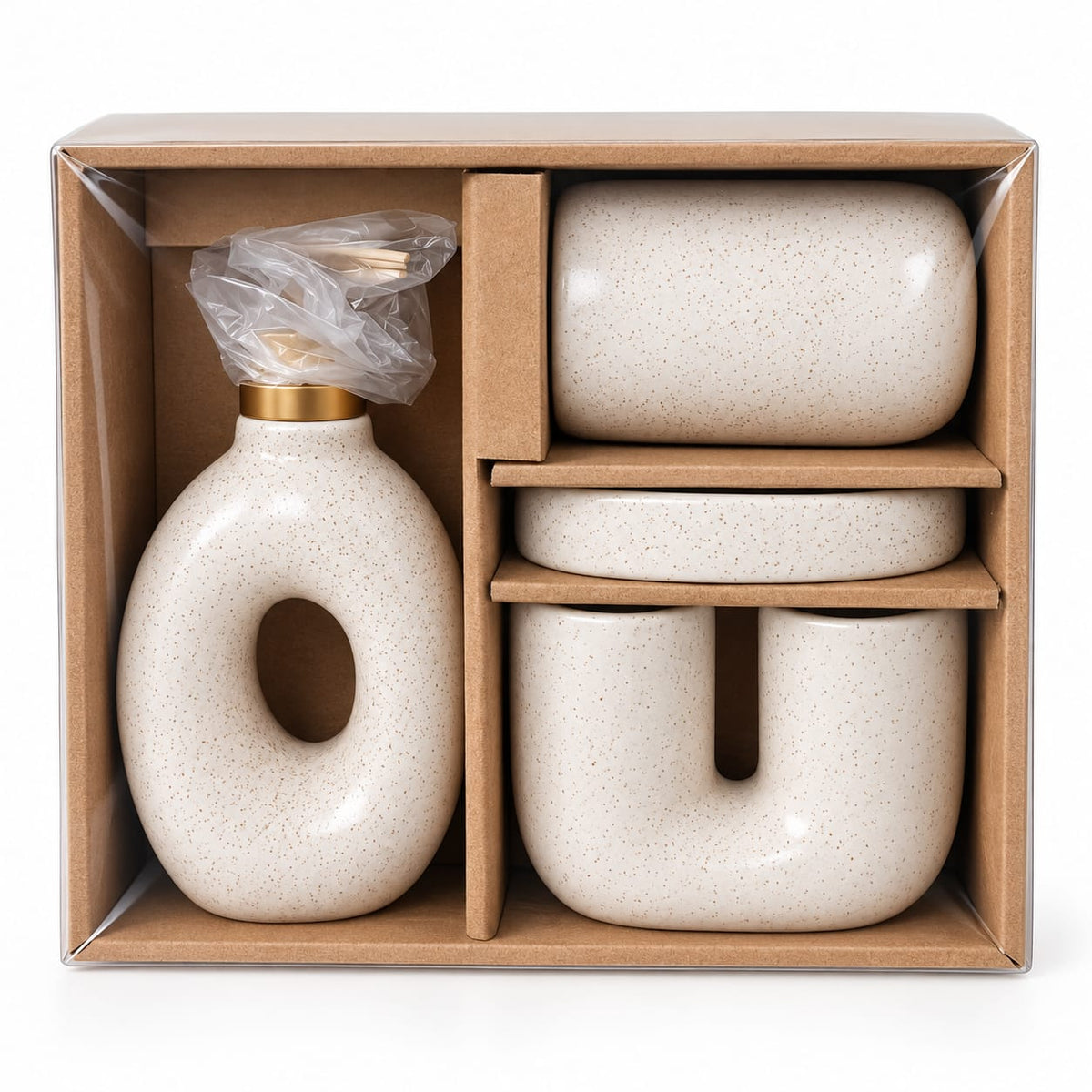 Ceramic Bathroom Accessory Set in Wooden Box