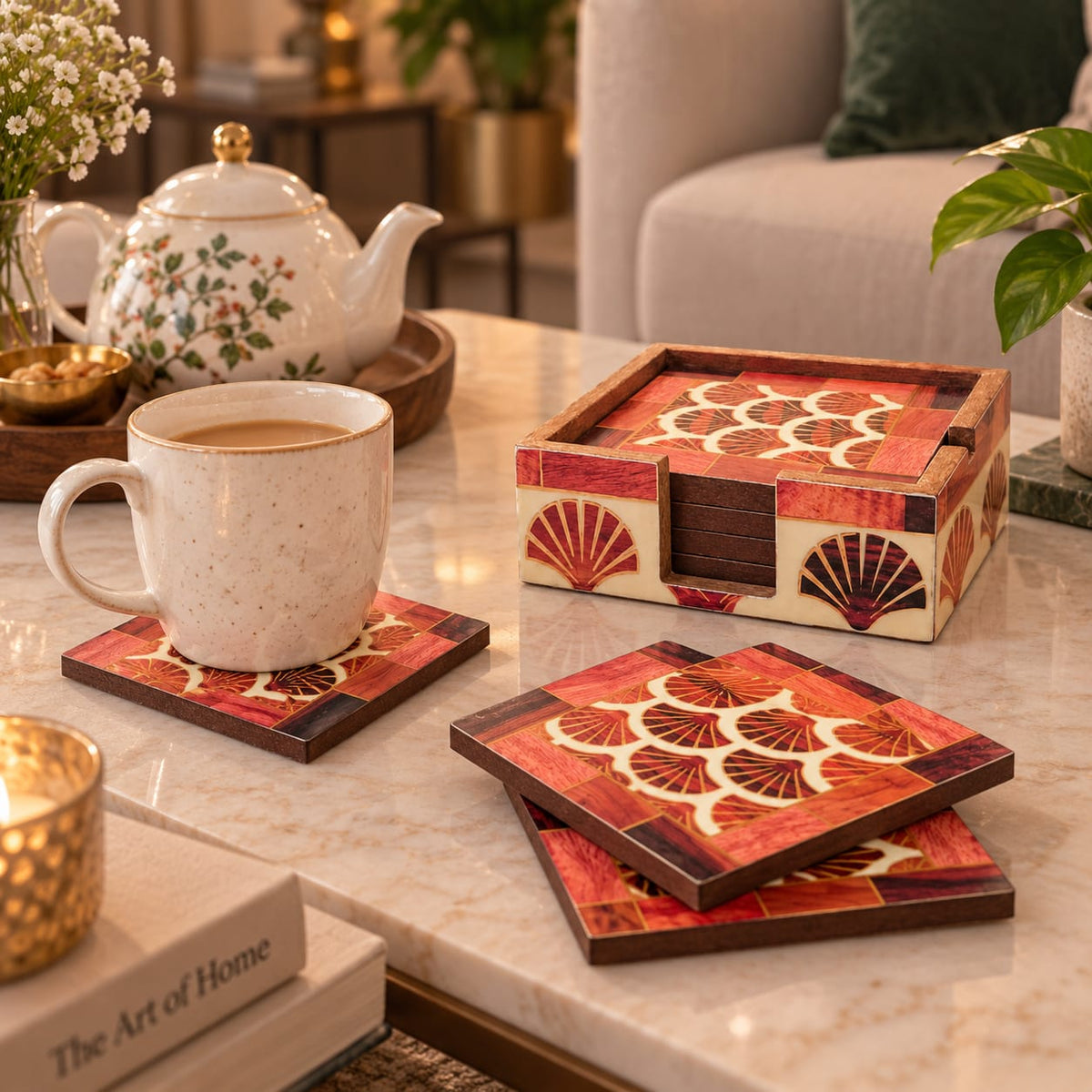 Decorative Inlaid Coaster Set with Holder