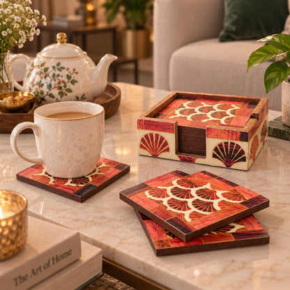 Decorative Inlaid Coaster Set with Holder