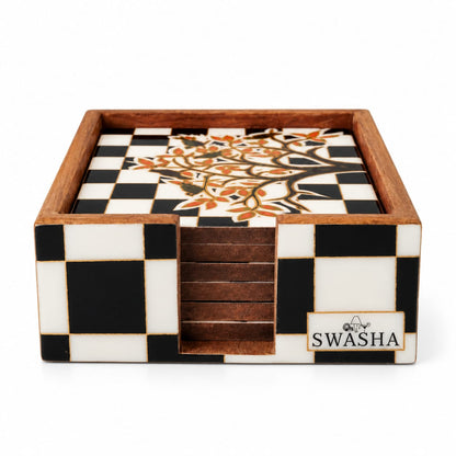 Black and White Checkered Coaster Set with Holde