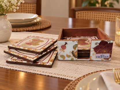 Floral Print Coaster Set with Holder