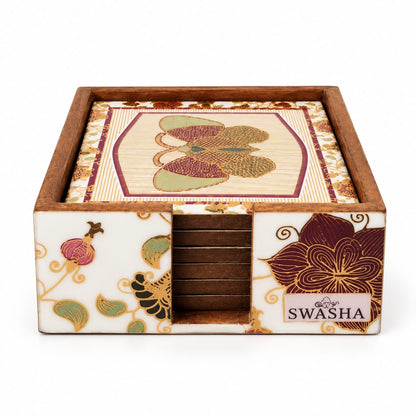 Floral Print Coaster Set with Holder