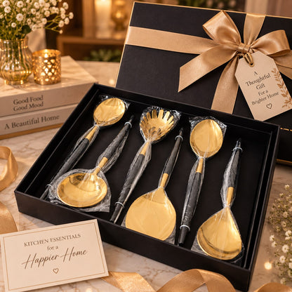 Gold and Black Handle Kitchen Serving Utensils Set