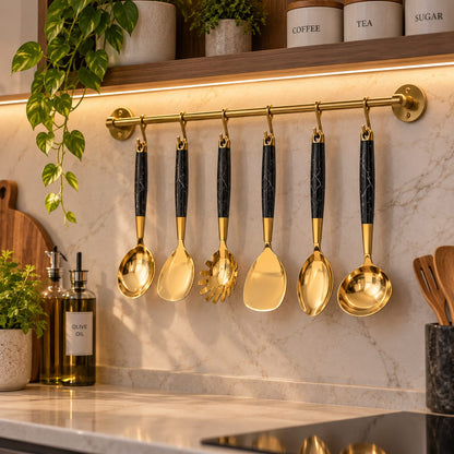Gold and Black Handle Kitchen Serving Utensils Set
