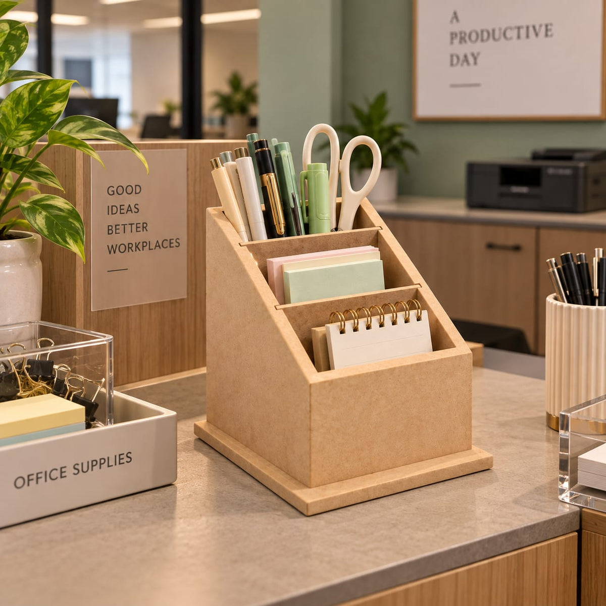 Natural Wooden Three-Compartment Desk Organizer