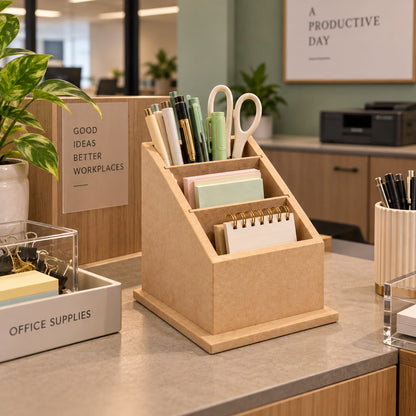 Natural Wooden Three-Compartment Desk Organizer