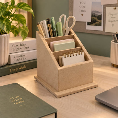 Natural Wooden Three-Compartment Desk Organizer
