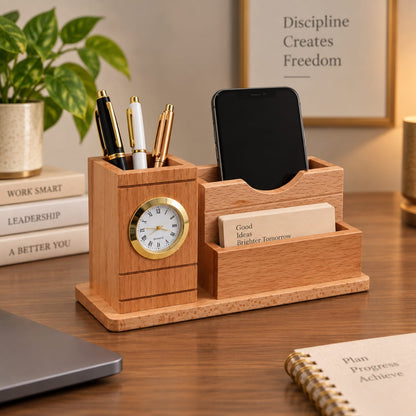 Natural Wooden Desk Organizer with Analog Clock