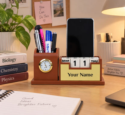 Elegant Wooden Desk Organizer with Analog Clock