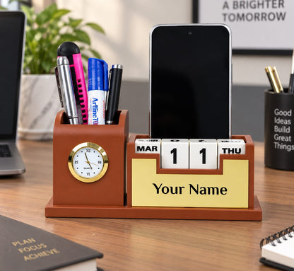 Elegant Wooden Desk Organizer with Analog Clock