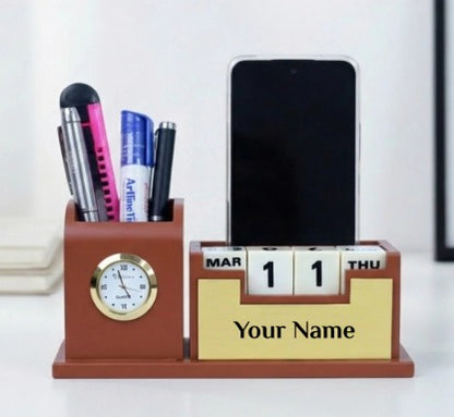Elegant Wooden Desk Organizer with Analog Clock