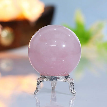Natural Rose Quartz Crystal Sphere with Silver-Plated Stand