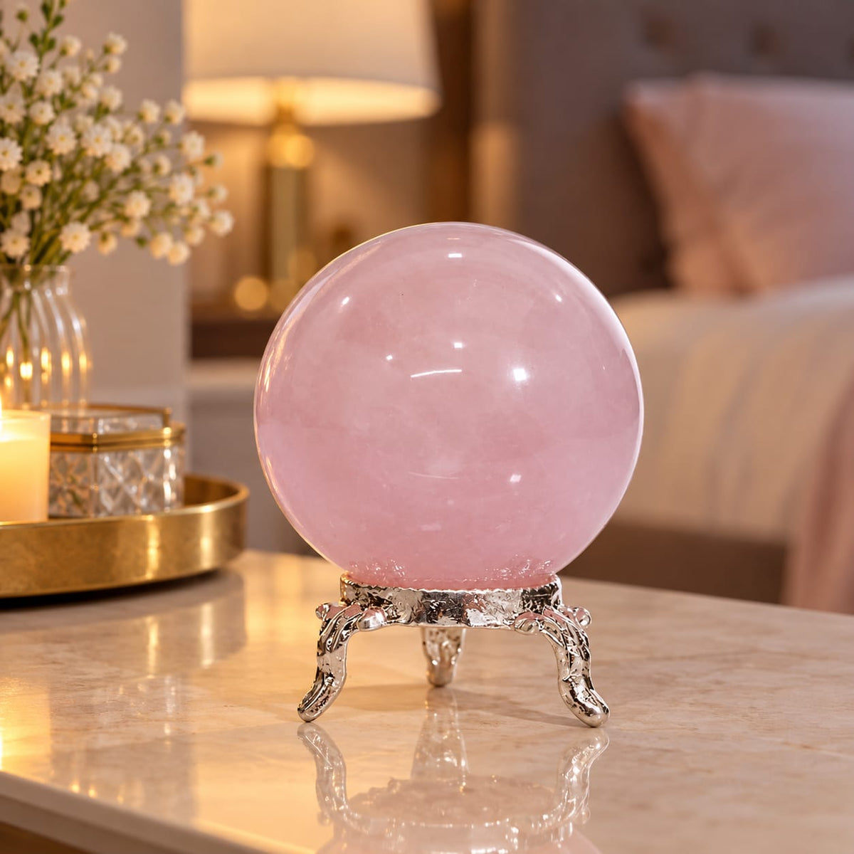 Natural Rose Quartz Crystal Sphere with Silver-Plated Stand