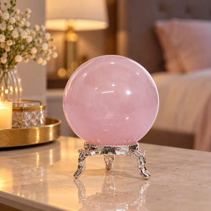 Natural Rose Quartz Crystal Sphere with Silver-Plated Stand