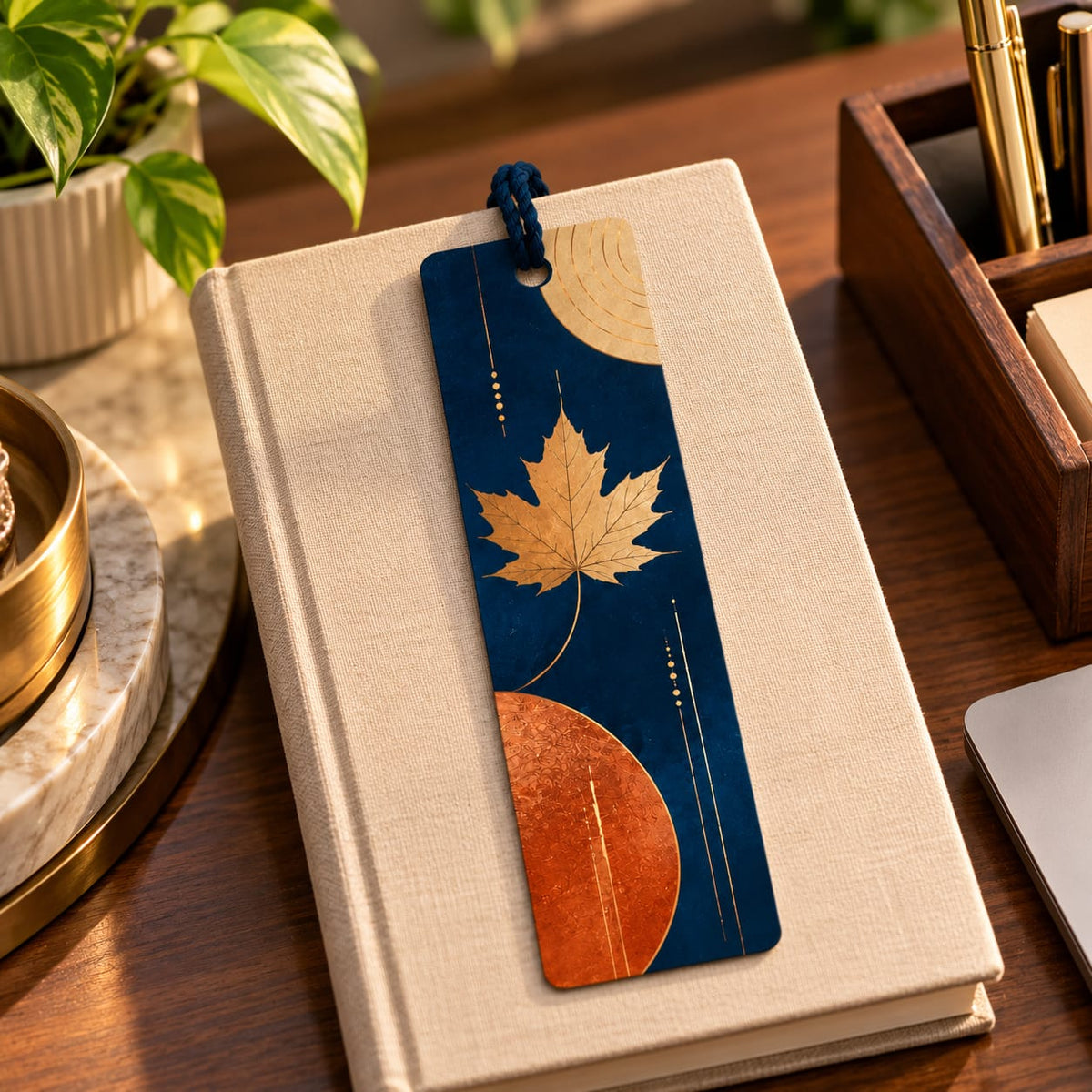 Midnight Blue and Golden Leaf Bookmark