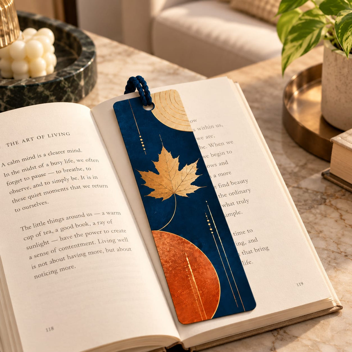 Midnight Blue and Golden Leaf Bookmark