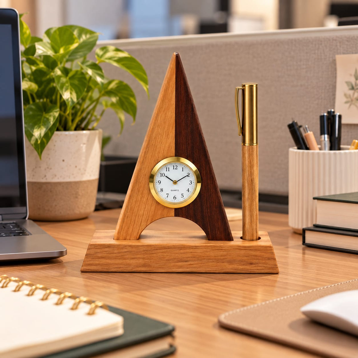 Wooden Pyramid Desk Clock and Pen Stand