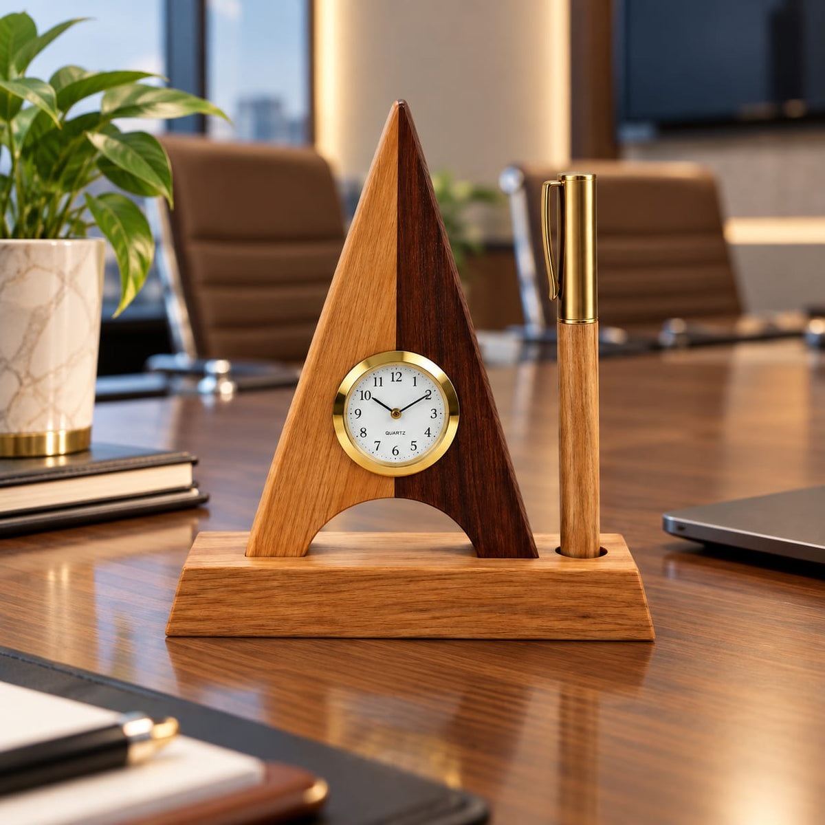 Wooden Pyramid Desk Clock and Pen Stand
