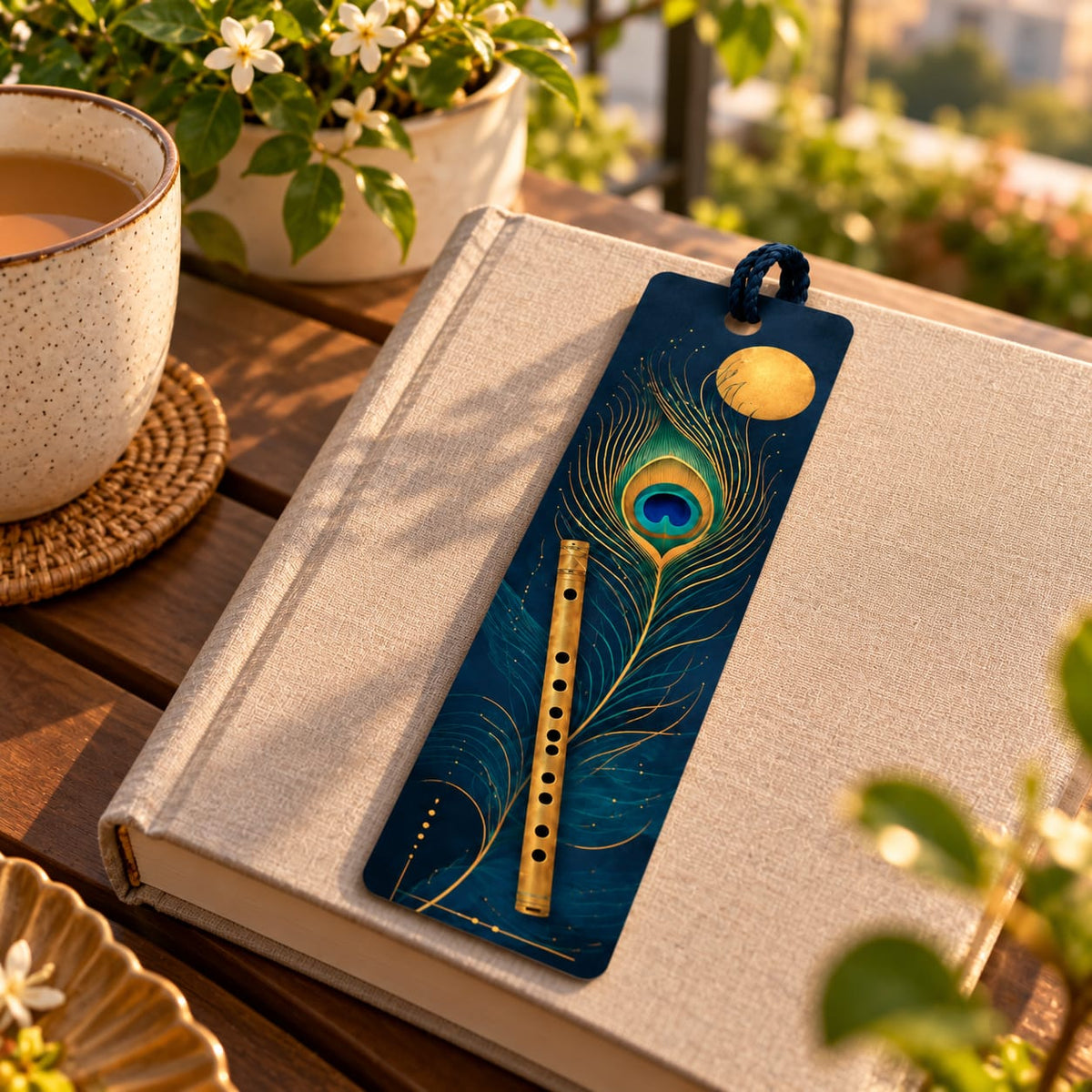 Midnight Blue Flute and Peacock Feather Bookmark