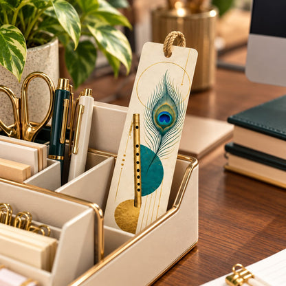 Ivory Geometric Flute and Peacock Bookmark
