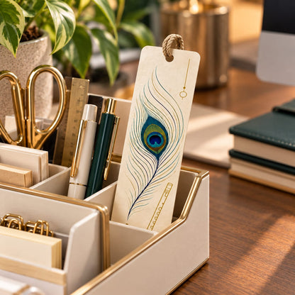 Ivory Flute and Peacock Feather Bookmark