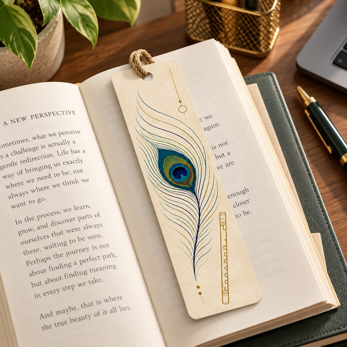 Ivory Flute and Peacock Feather Bookmark