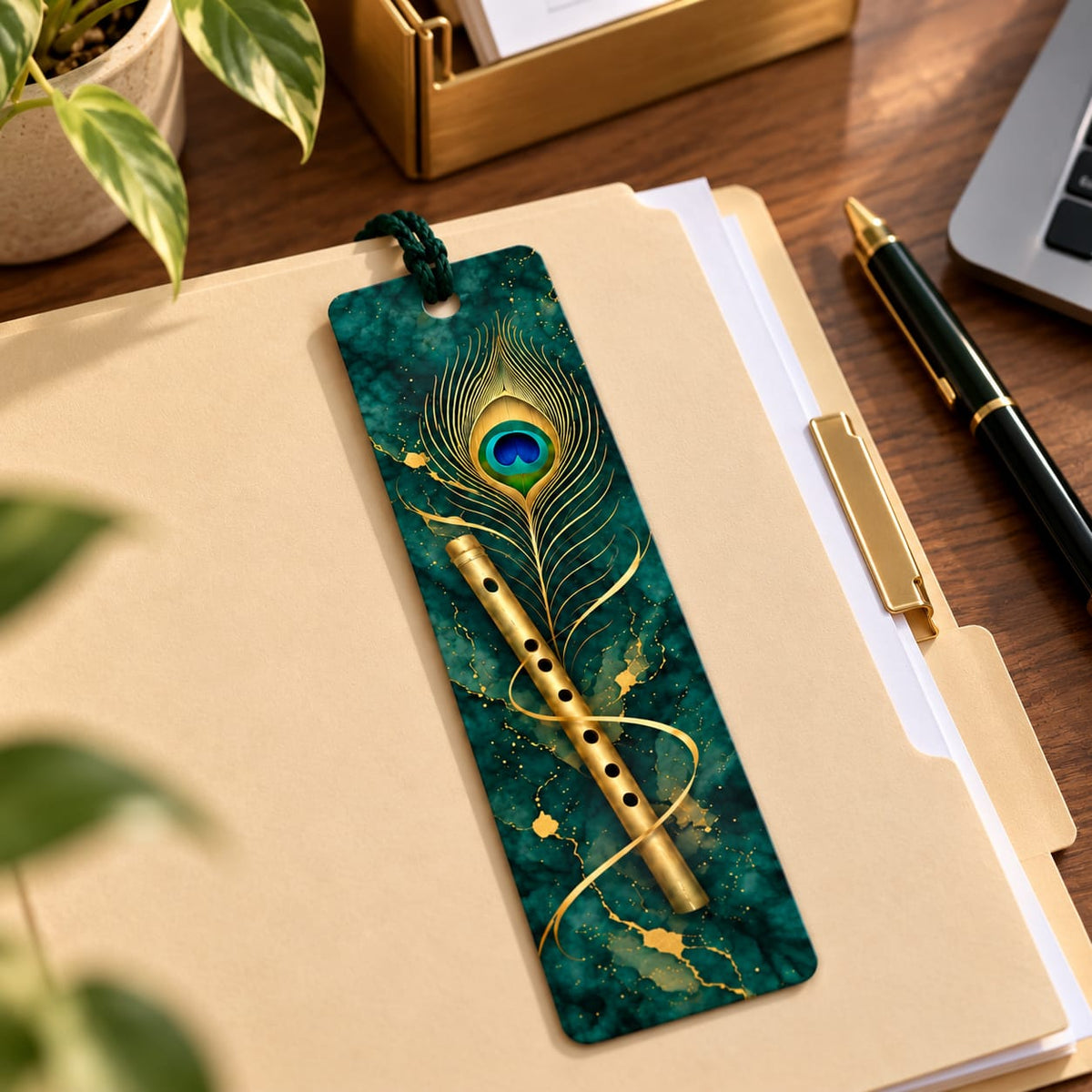 Emerald Flute and Peacock Feather Bookmark